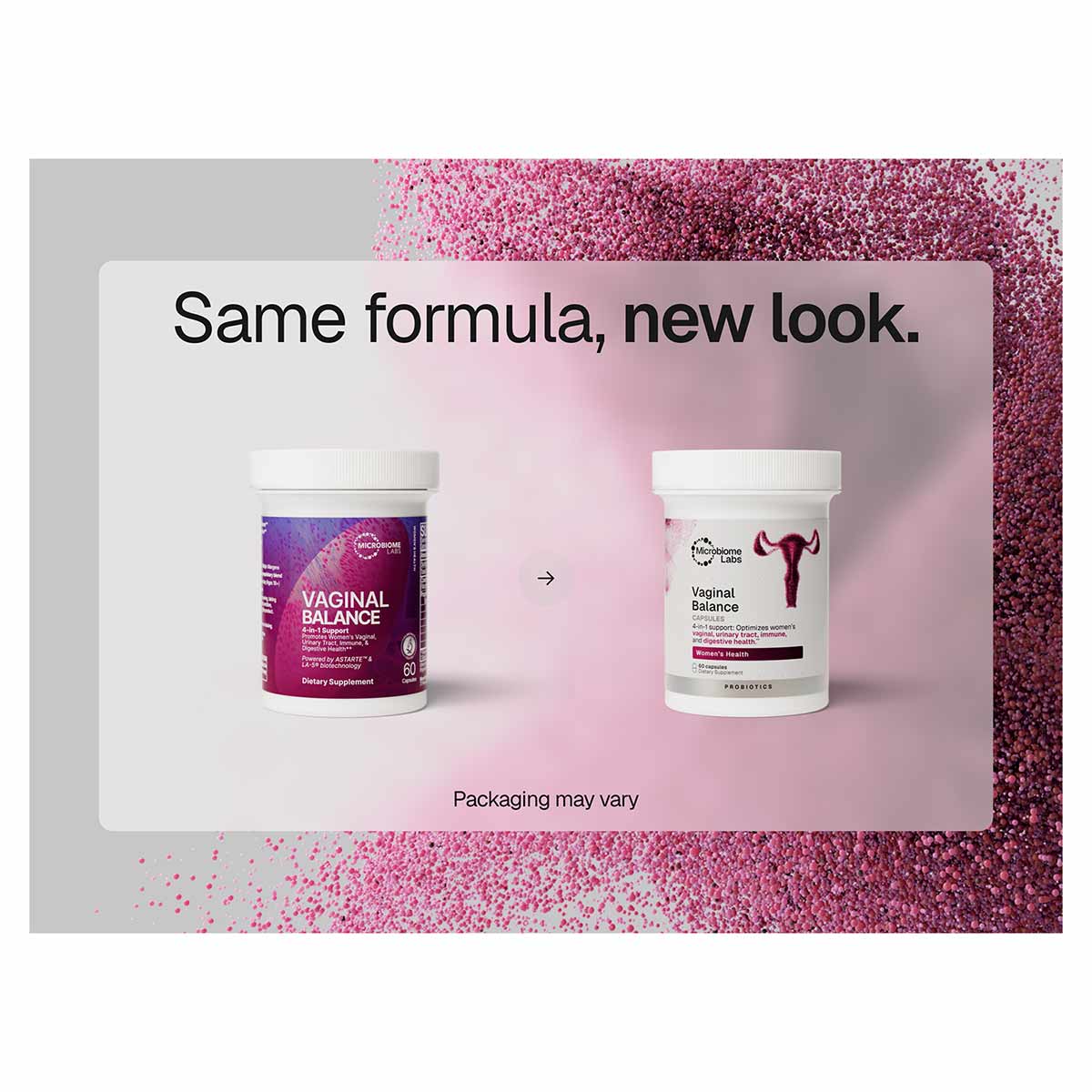 Two white supplement bottles with purple and white labels showing old and new packaging designs for Vaginal Balance.