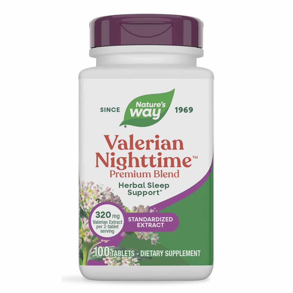 Nature's Way Valerian Nighttime Premium Blend bottle with purple cap containing 100 tablets of herbal sleep support supplemen