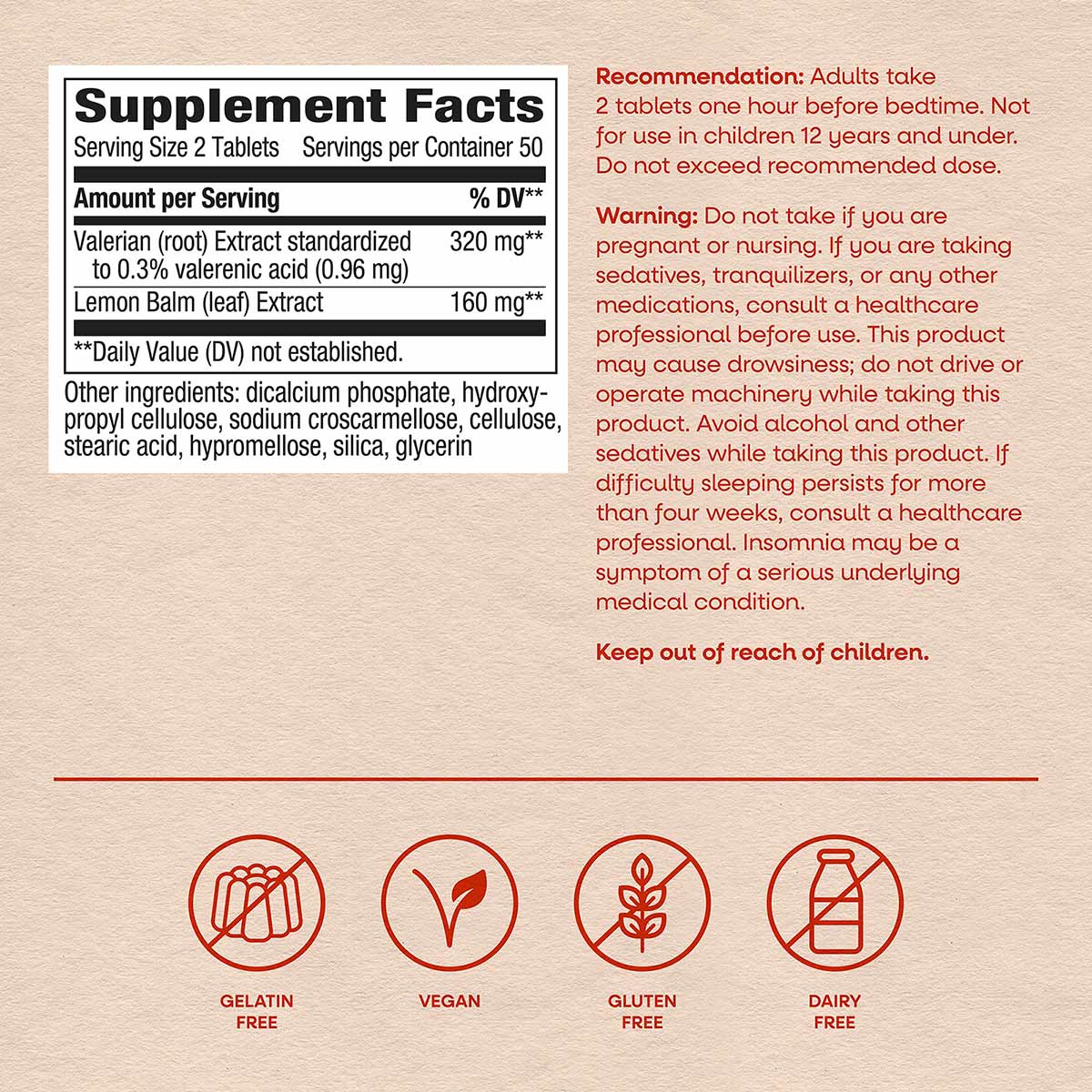 Supplement Facts label for Valerian Nighttime Premium Blend tablets with ingredient information and dietary attribute icons.