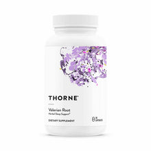 White bottle of Thorne Valerian Root dietary supplement with purple abstract design and white cap containing 30 capsules.
