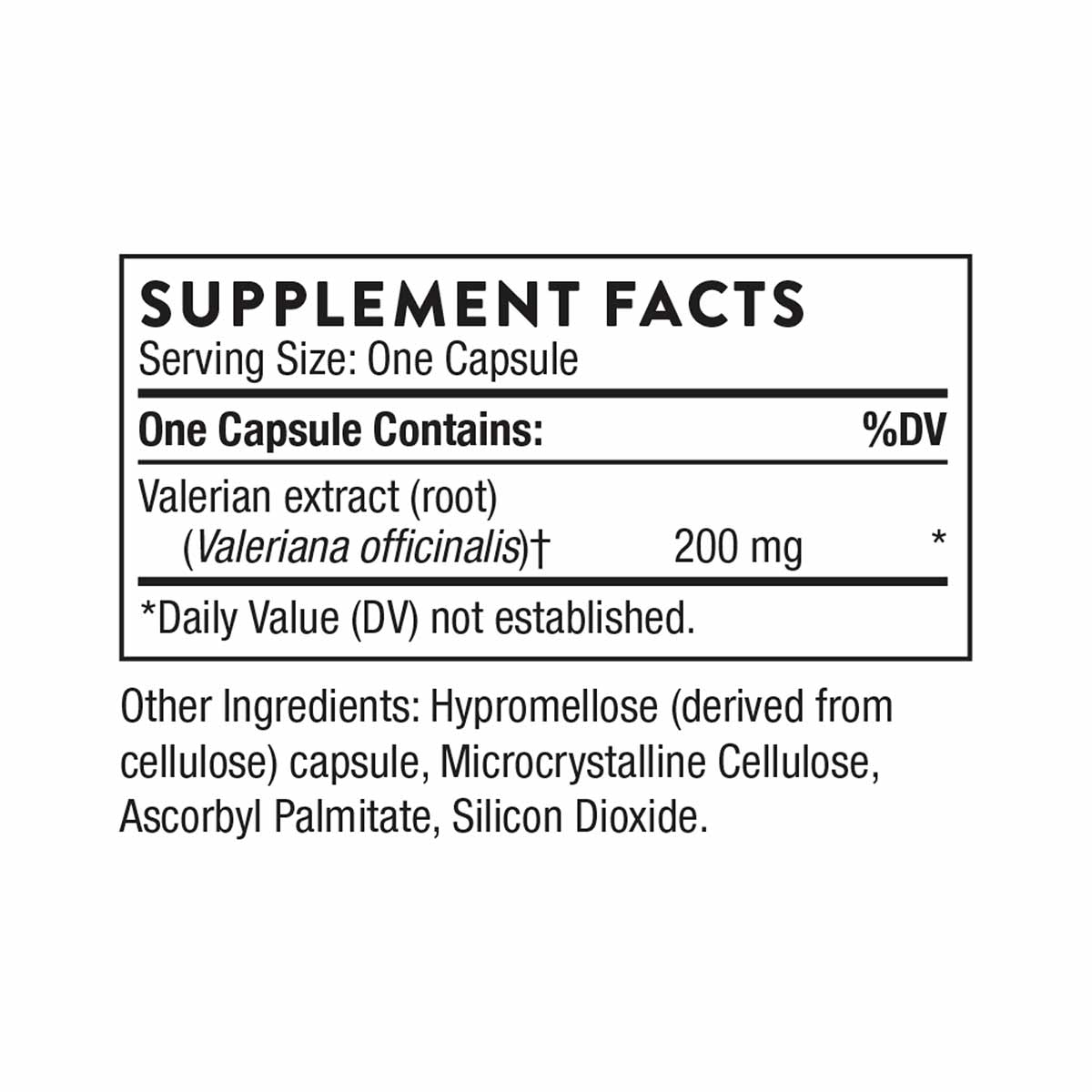 Supplement facts label for Valerian Root capsules by Thorne Research showing 200 mg valerian extract per capsule.