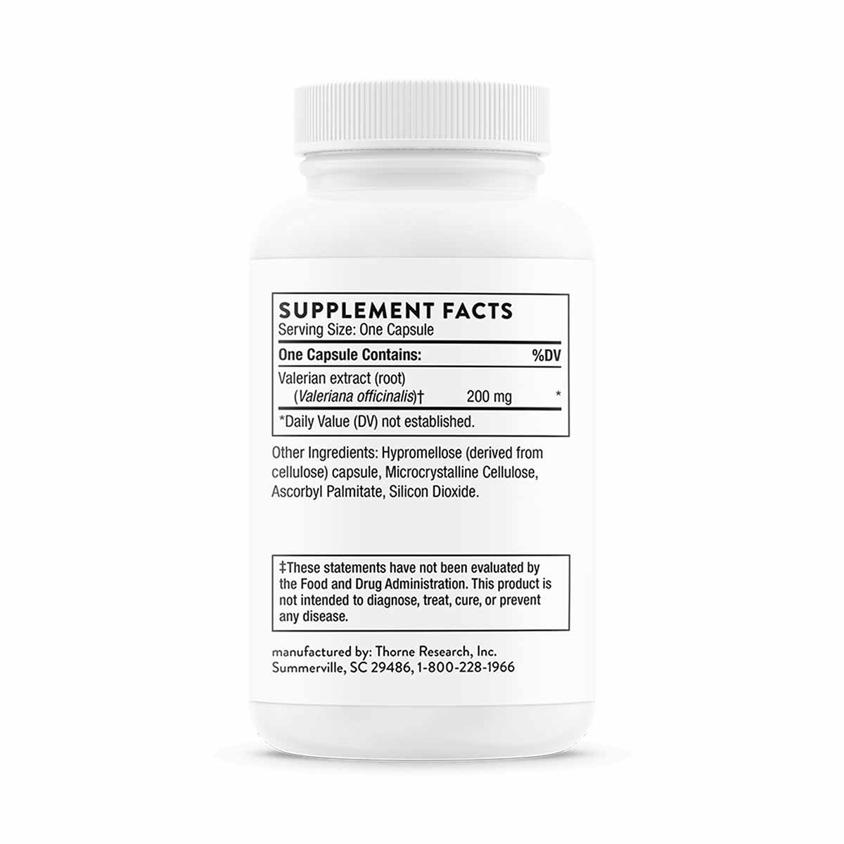 White supplement bottle with ribbed cap and label showing Valerian Root extract supplement facts by Thorne Research.