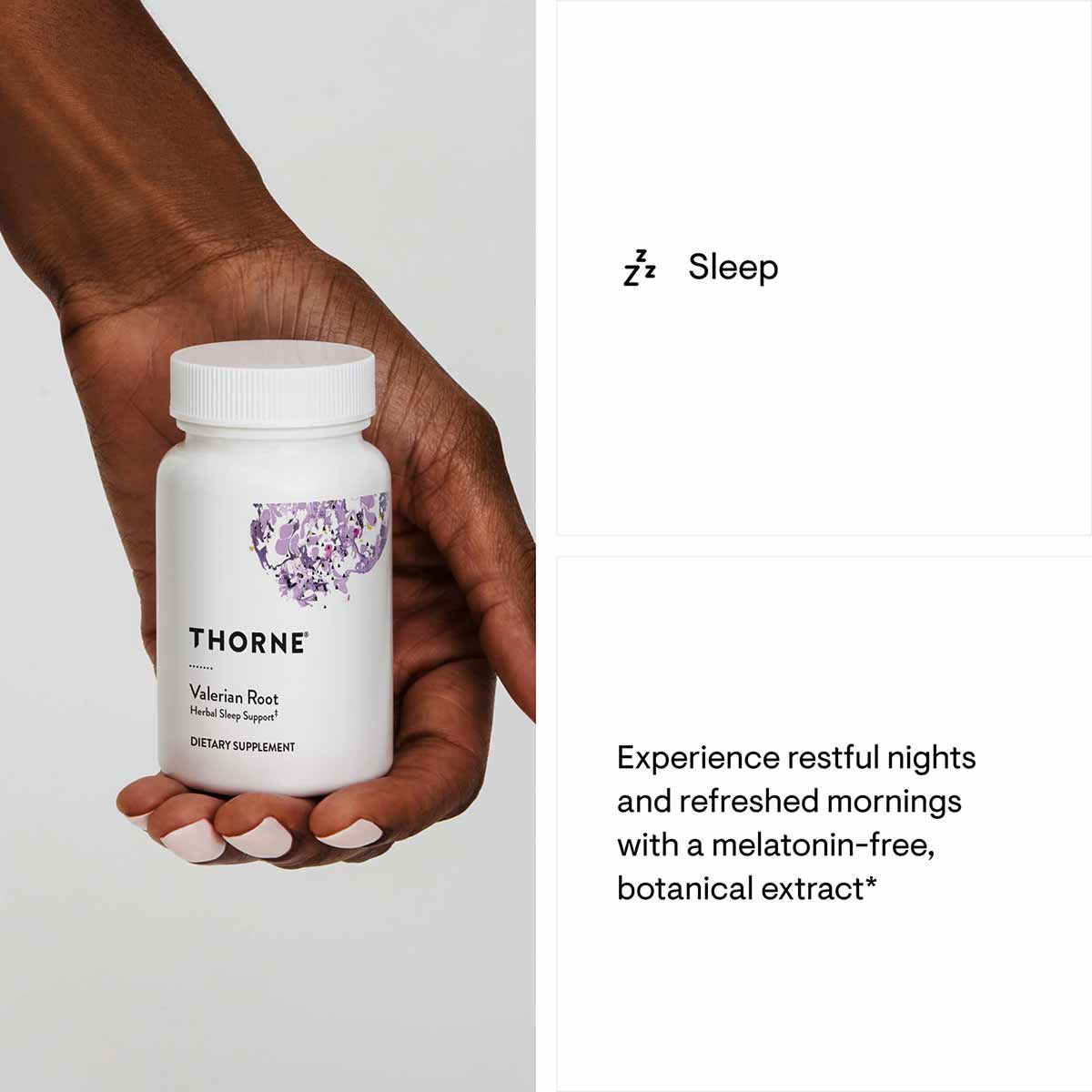 White bottle of Thorne Research Valerian Root dietary supplement held in a hand against a gray background.
