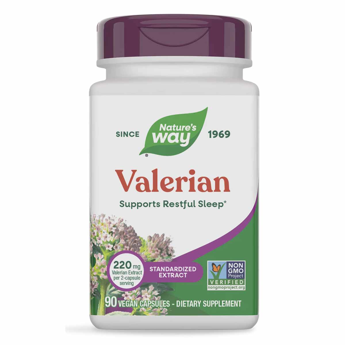 Nature's Way Valerian standardized extract bottle with purple cap containing 90 vegan capsules.