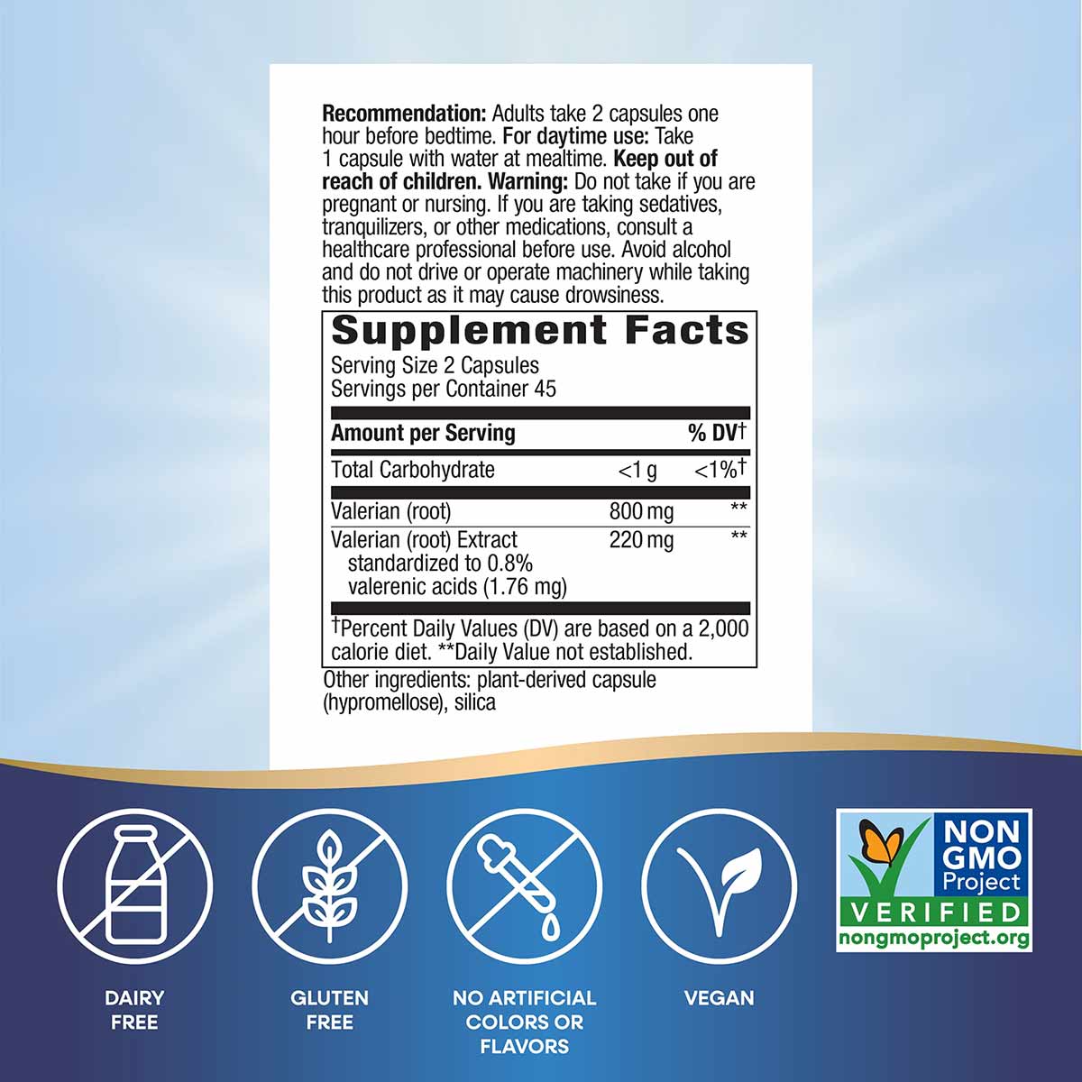 Valerian supplement label showing dosage instructions, supplement facts with 800mg valerian root per serving, and certificati