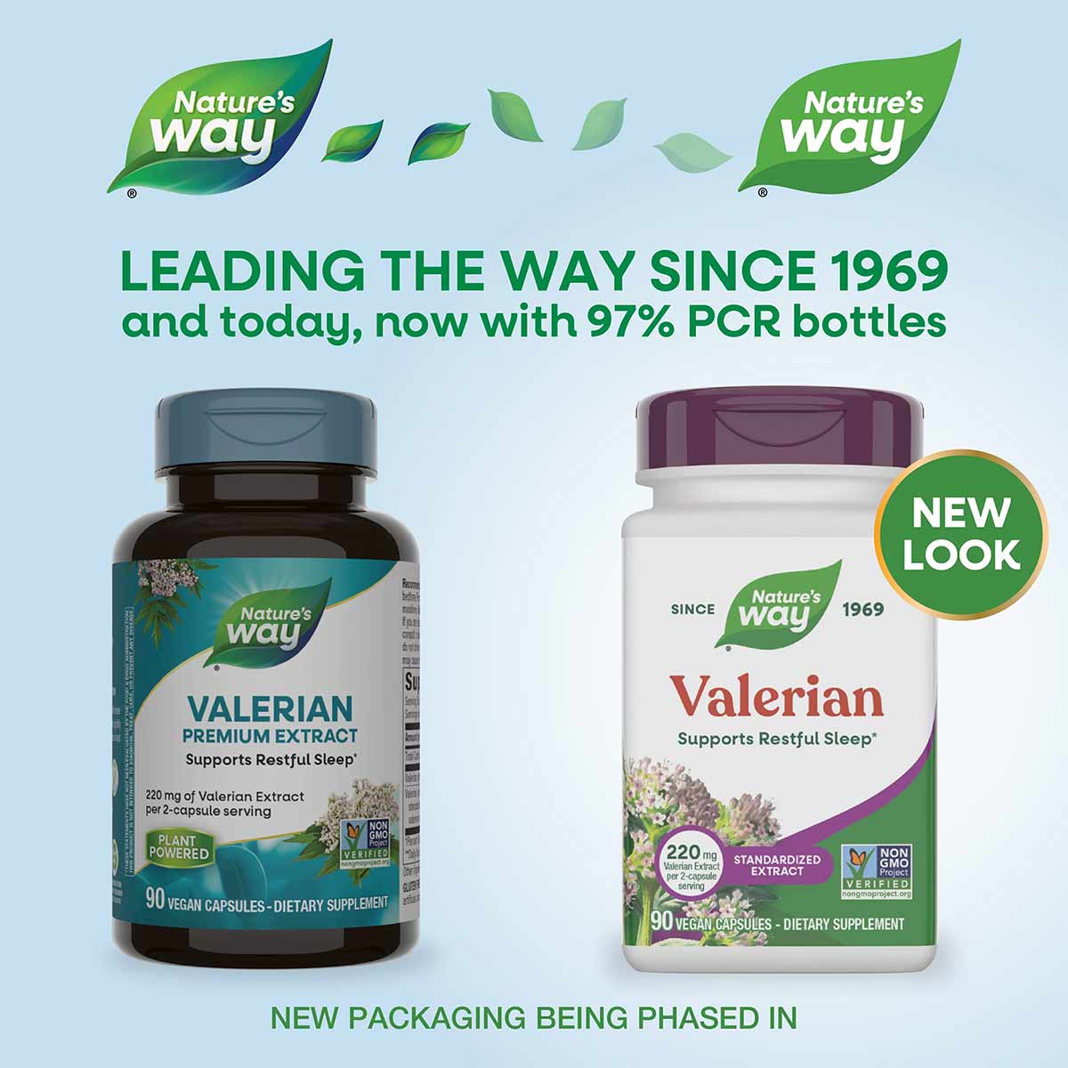 Two Nature's Way Valerian supplement bottles with dark and light labels, 90 vegan capsules each.