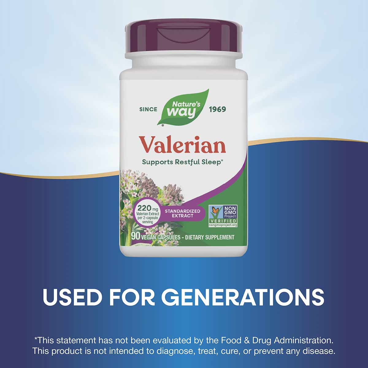 White bottle with purple cap containing Nature's Way Valerian supplement, 90 vegan capsules, featuring purple flowers and pro
