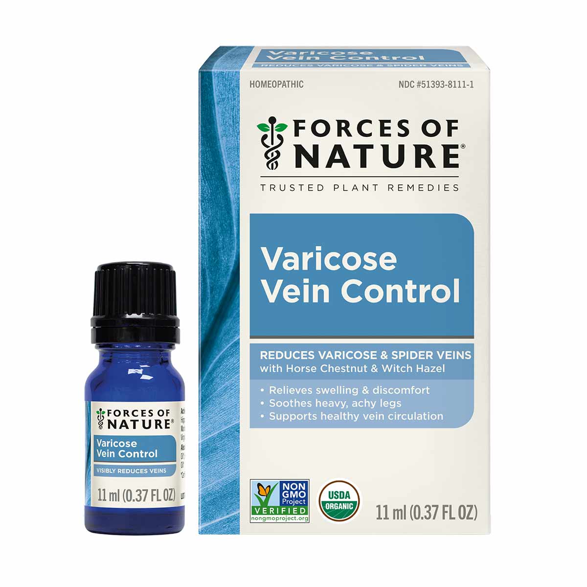 Forces of Nature Varicose Vein Control 11 ml blue glass bottle with black cap next to white and blue product box.