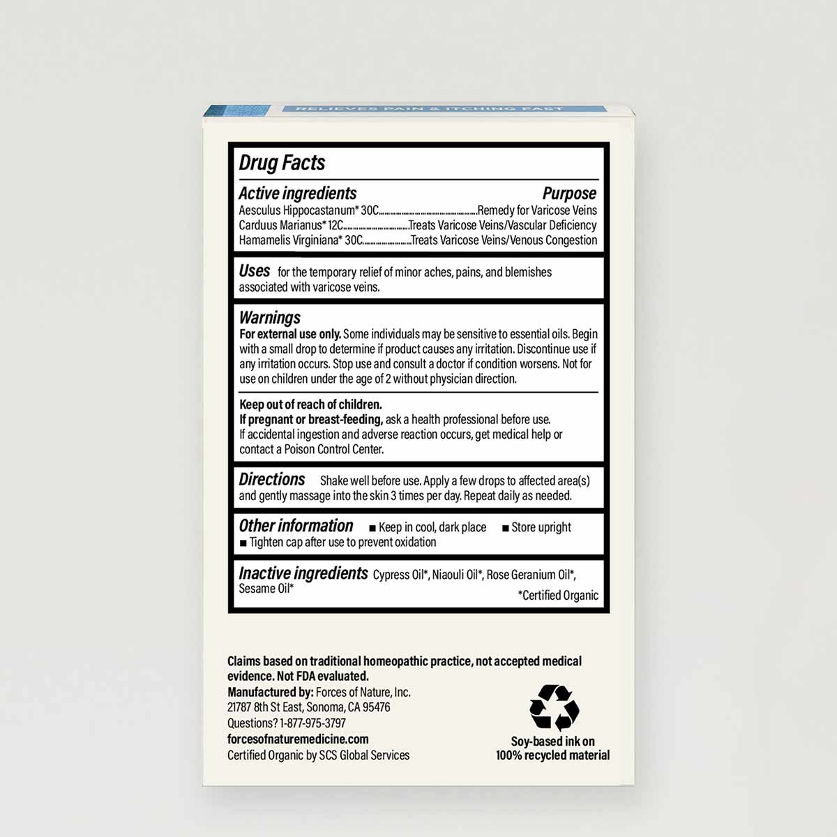 Back of Forces Of Nature varicose vein control bottle showing drug facts label with active ingredients, uses, warnings, and d