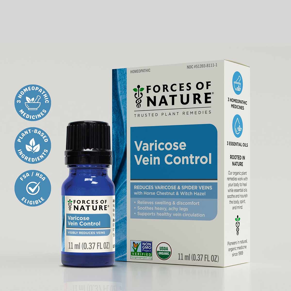 Small blue glass bottle of Forces of Nature Varicose Vein Control (11 ml/0.37 fl oz) with black cap next to its product box.