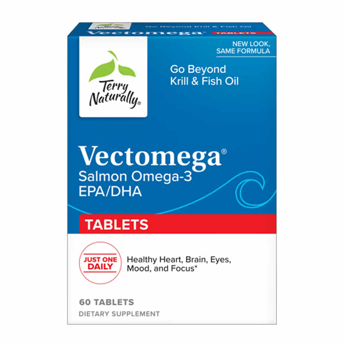 Vectomega Salmon Omega-3 EPA/DHA tablet bottle by Terry Naturally, 60 tablets, blue packaging.