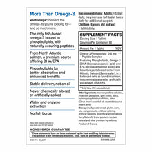 Vectomega Omega-3 tablet bottle label with supplement facts, dosage recommendations, and product information text.