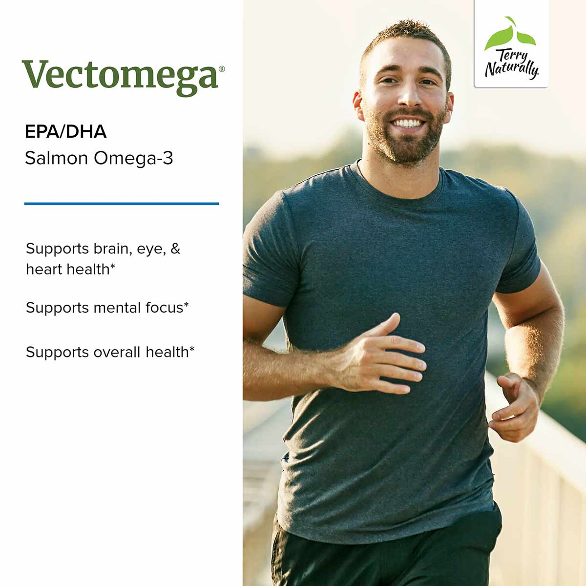 Man jogging outdoors wearing teal t-shirt with Vectomega product information and Terry Naturally logo displayed on left side.