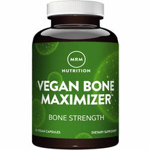 MRM Vegan Bone Maximizer bottle with white cap containing 120 vegan capsules, green label with product name and "Bone Strengt
