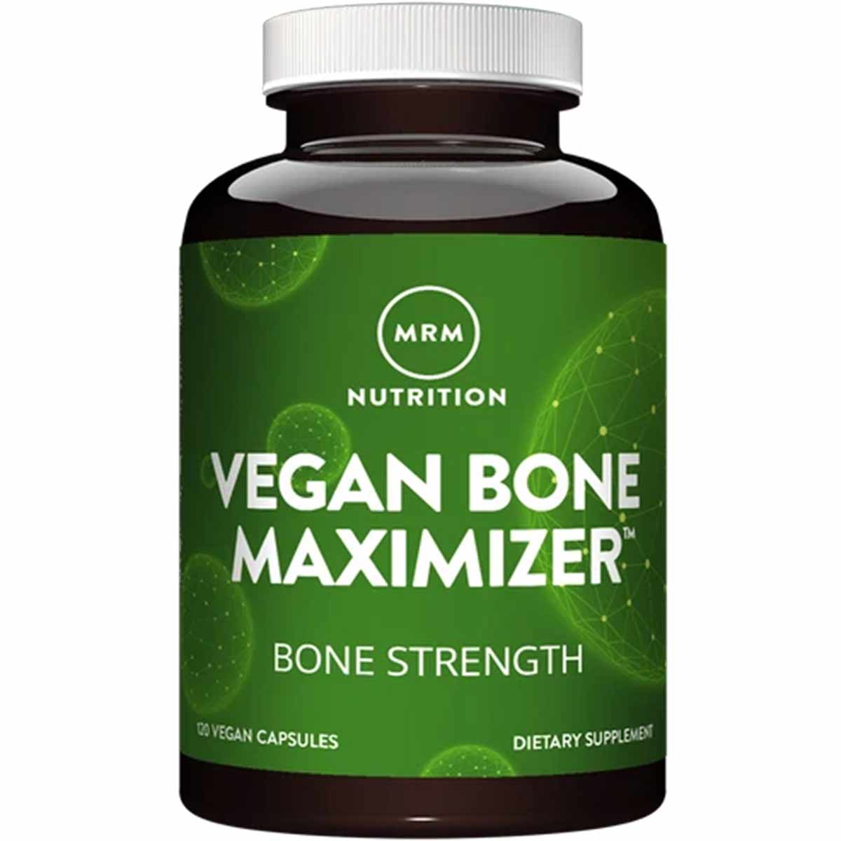 MRM Vegan Bone Maximizer bottle with white cap containing 120 vegan capsules, green label with product name and "Bone Strengt