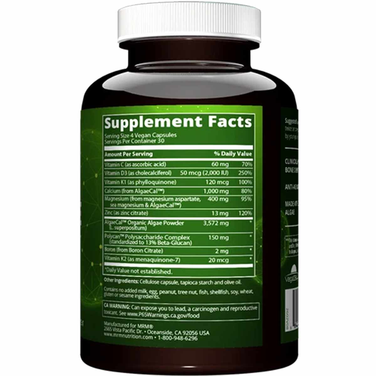 Black bottle with white cap and green supplement facts label listing ingredients and nutritional information.