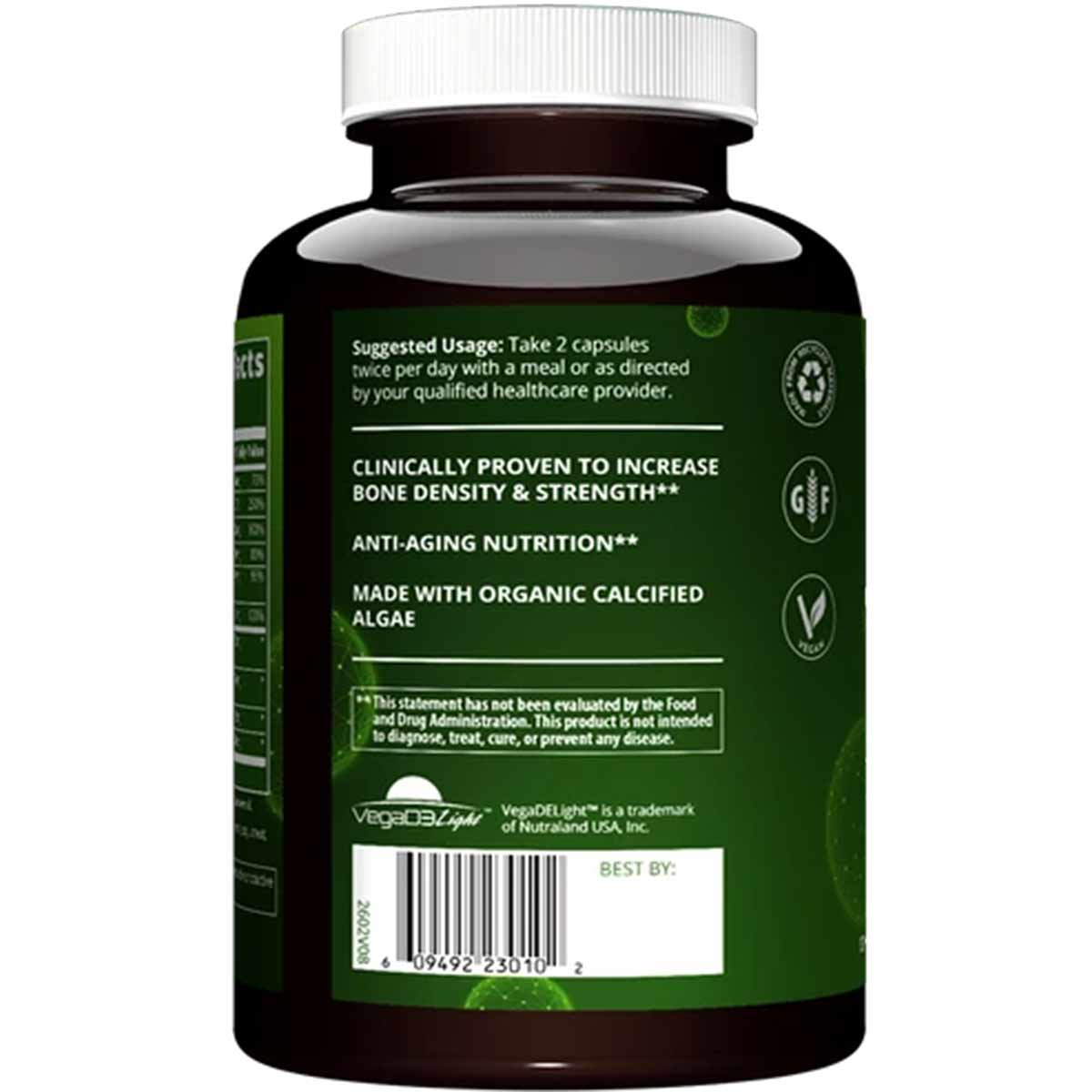 Black bottle of MRM Vegan Bone Maximizer with white cap and green label listing ingredients and usage instructions.