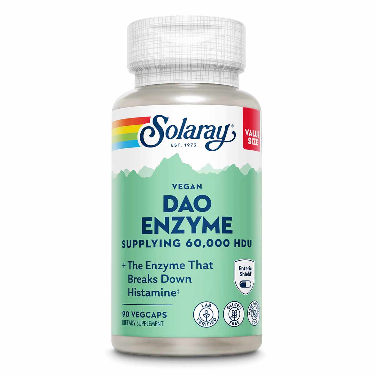 Solaray Vegan DAO Enzyme supplement bottle with white cap containing 90 vegcaps, value size.