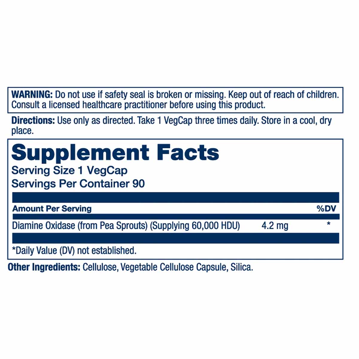 Solaray Vegan DAO Enzyme supplement label showing directions, warning, and supplement facts with diamine oxidase from pea spr