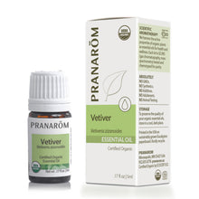 Pranarom vetiver essential oil bottle with white cap next to its printed box packaging labeled "Certified Organic."