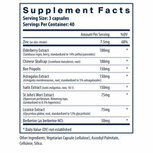 ViraCon supplement facts label showing 3-capsule serving size with zinc, elderberry, Chinese skullcap, bee propolis, astragal