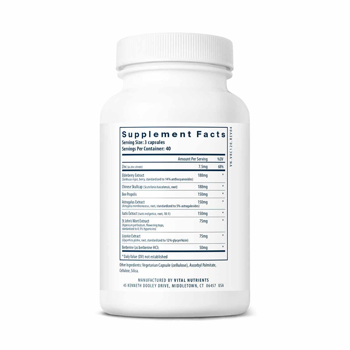 White supplement bottle with white cap and label displaying supplement facts, ingredients, and manufacturer information for V