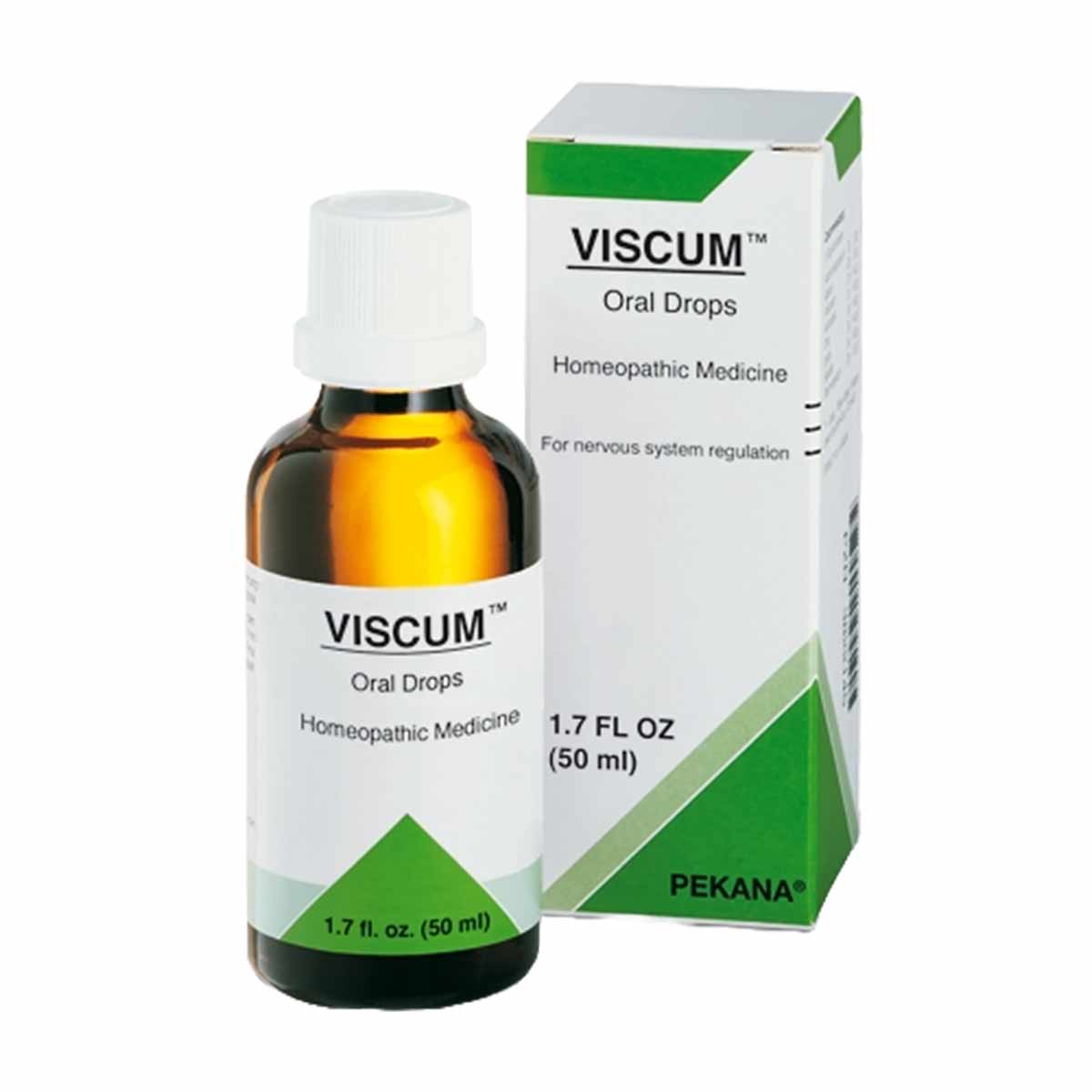 Amber glass bottle of Viscum Oral Drops by Pekana with white cap and labeled box packaging with green accents.