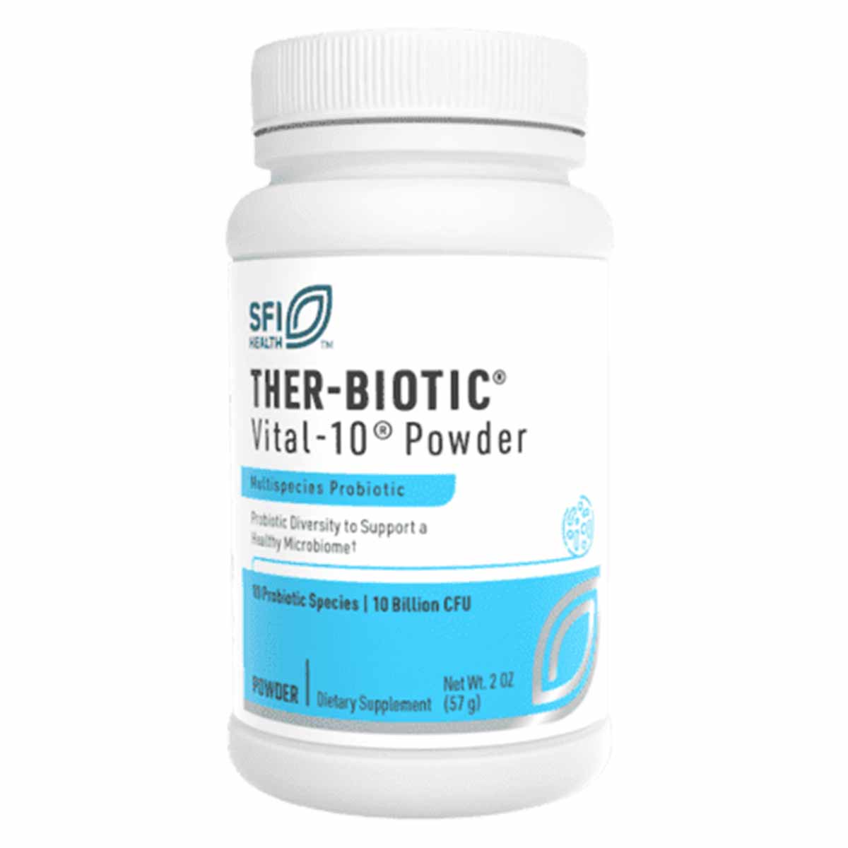 White plastic bottle with white ridged cap and blue label displaying "THER-BIOTIC Vital-10 Powder" probiotic supplement by SF