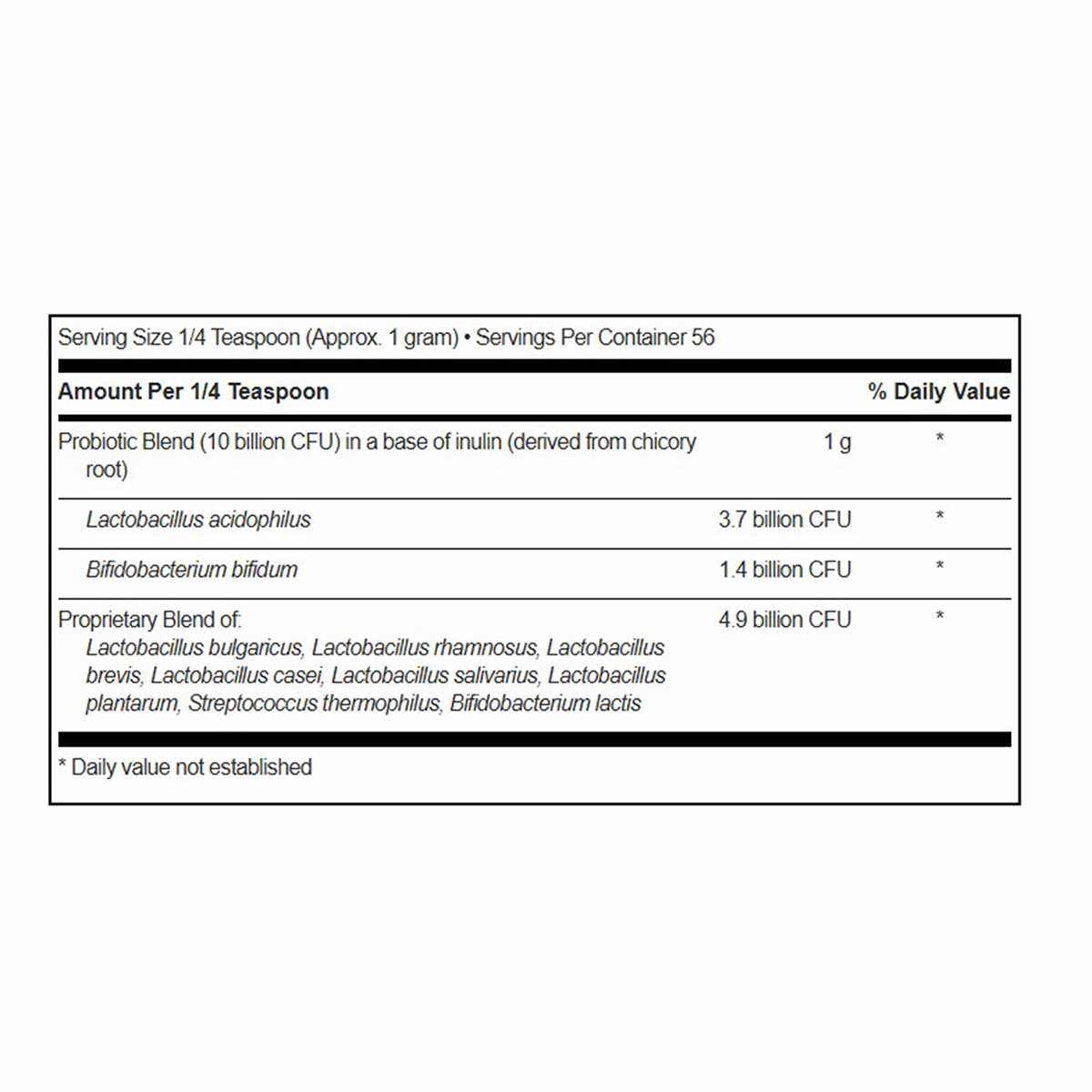 Nutrition facts label for probiotic powder showing serving size, CFU counts, and ingredient breakdown including Lactobacillus
