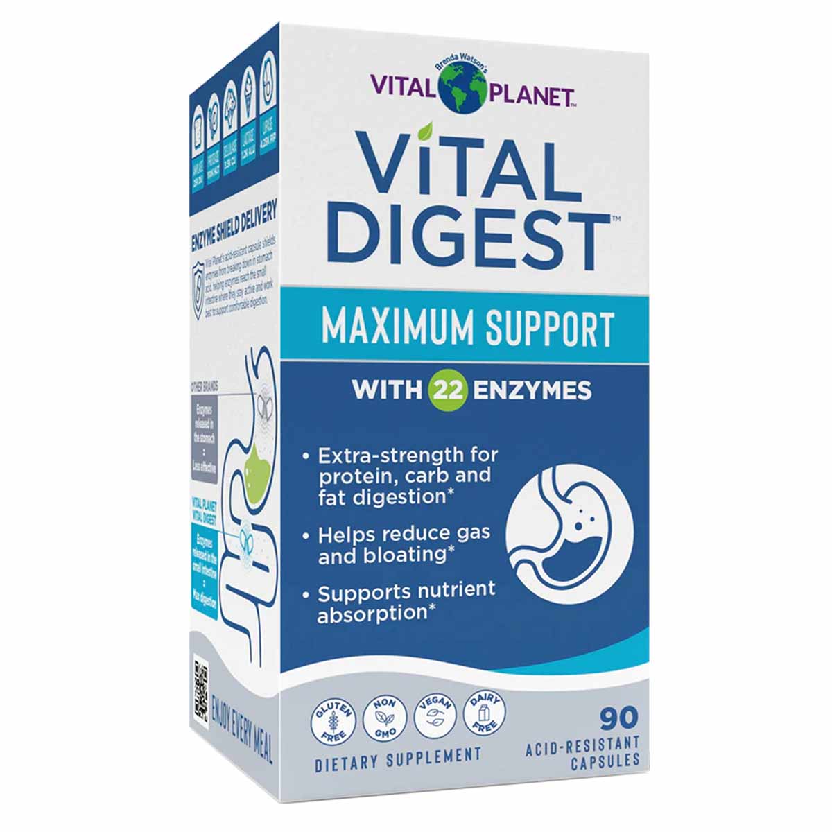 Vital Digest Maximum Support supplement bottle with 22 enzymes, 90 acid-resistant capsules by Vital Planet.
