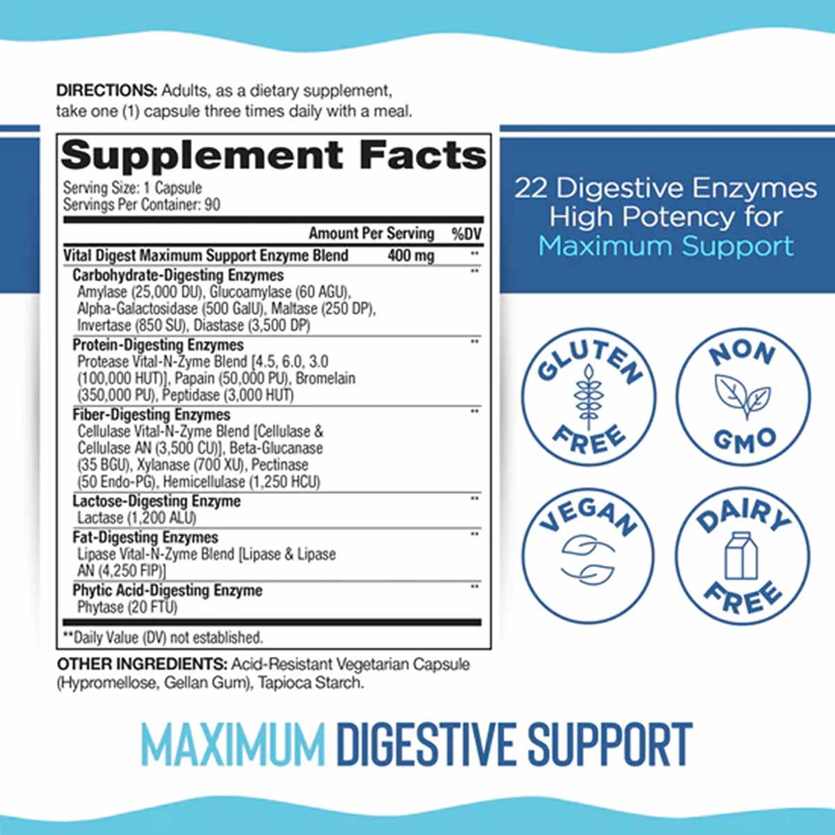 Supplement Facts label for Vital Digest Maximum Support showing 22 digestive enzymes, directions, and gluten-free, non-GMO, v