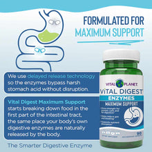 Vital Planet Vital Digest Maximum Support enzyme supplement bottle with white cap and blue label, 90 capsules.
