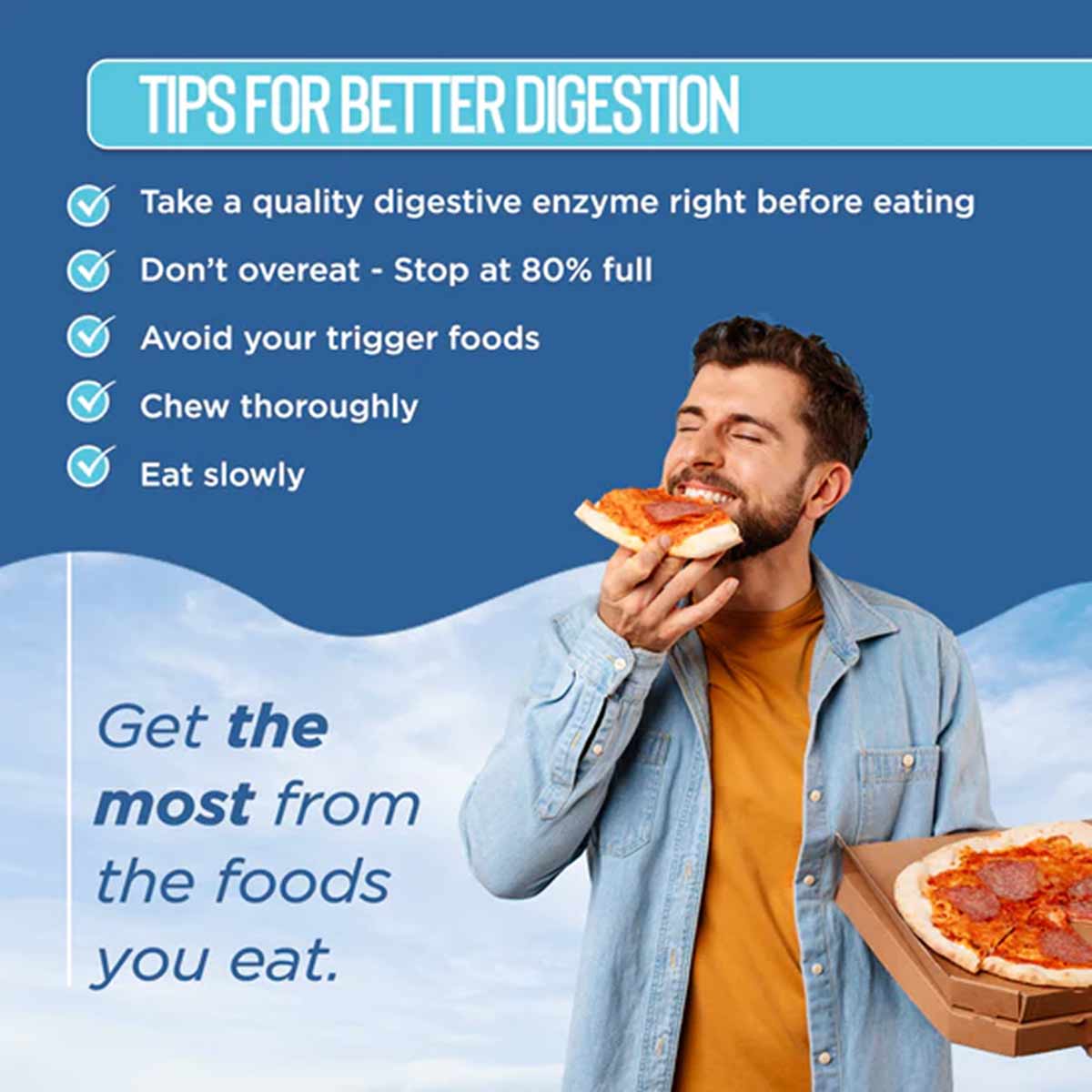Man eating pizza with text listing digestion tips on blue background.
