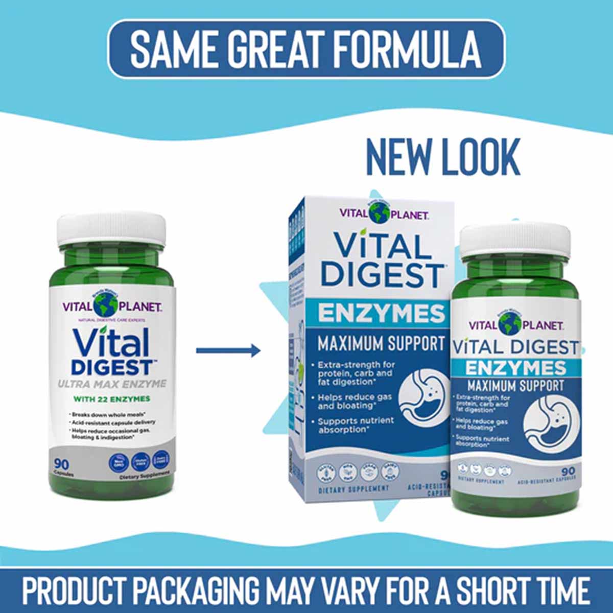 Vital Planet Vital Digest Enzymes Maximum Support supplement bottles and box showing old and new packaging designs.