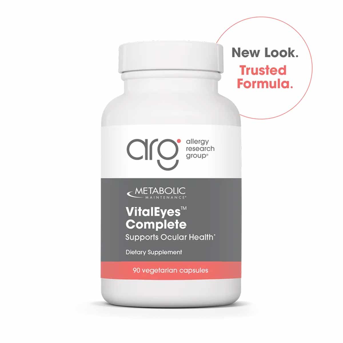 White bottle of Vital Eyes Complete dietary supplement containing 90 vegetarian capsules by Allergy Research Group.