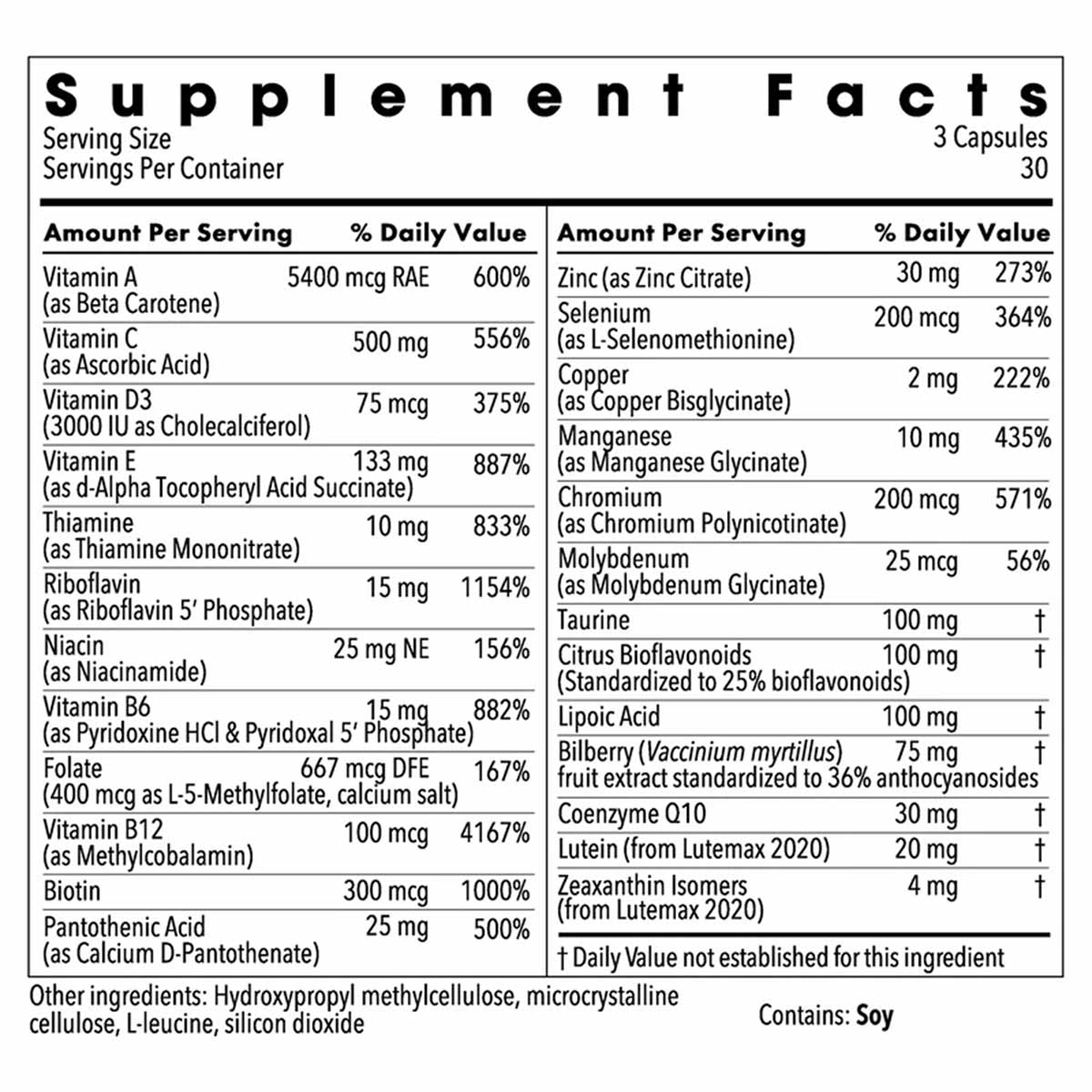 Supplement Facts label for Vital Eyes Complete showing nutritional information including vitamins, minerals, and botanical ex