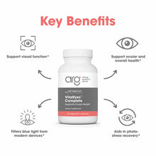 White bottle of Vital Eyes Complete dietary supplement by Allergy Research Group with gray and coral label showing 90 vegetar