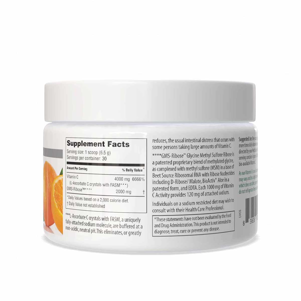 White plastic container of Vitality C Vitamin C Powder with white lid and label showing supplement facts and orange citrus im