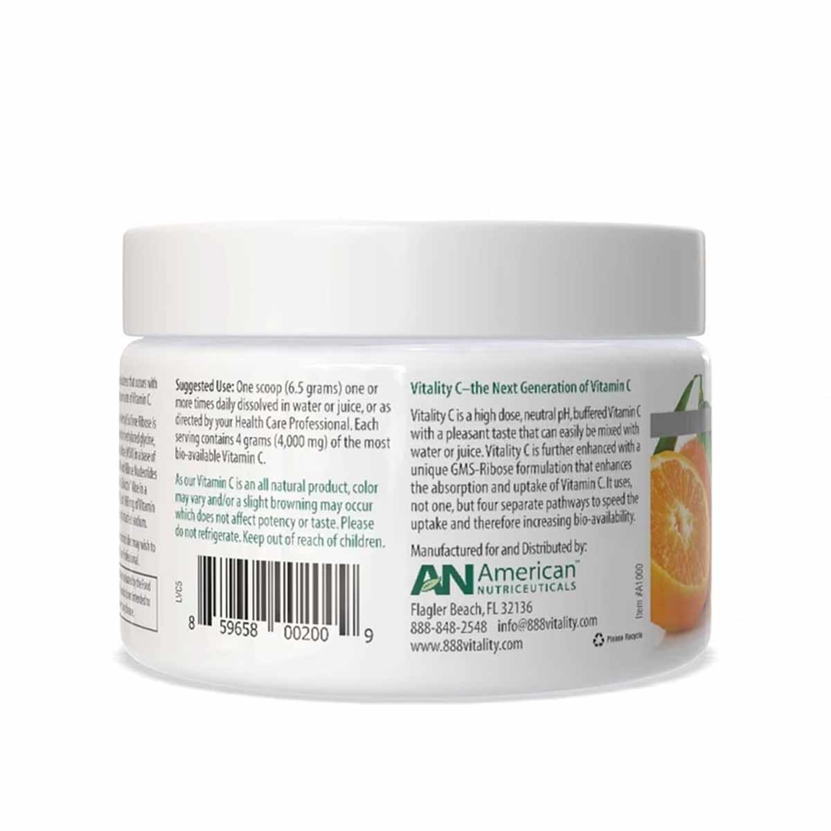 White container of Vitality C Vitamin C powder with white lid and orange citrus imagery on the label.