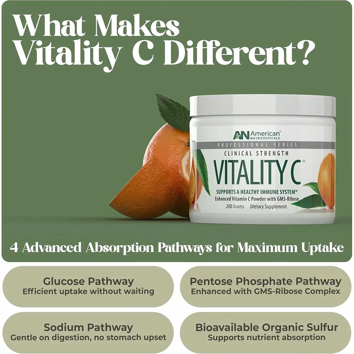 Vitality C Vitamin C Powder 200g container by American Nutriceuticals with white lid next to orange slice on green background