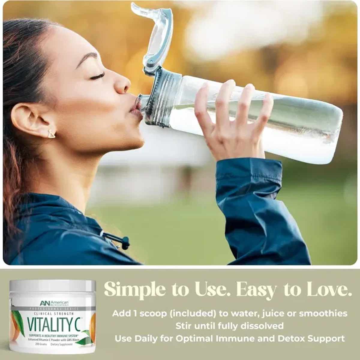 White plastic container of Vitality C vitamin powder by American Nutriceuticals with green and orange label design.
