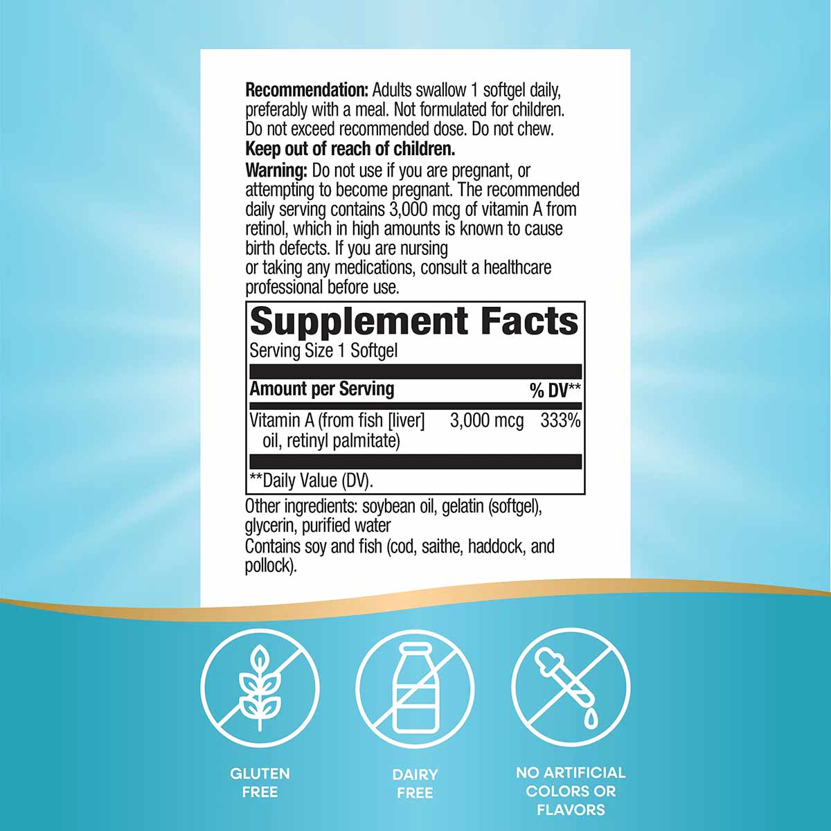 Vitamin A supplement label showing dosage instructions, supplement facts with 3,000 mcg per softgel, and gluten-free, dairy-f