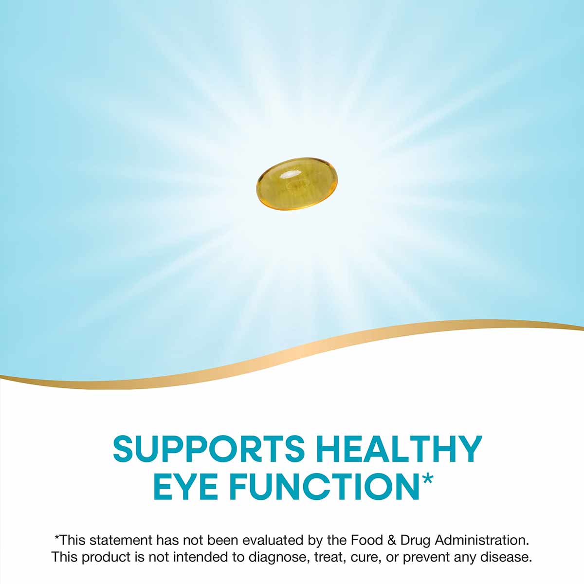 Golden-yellow oval vitamin A softgel capsule against a light blue background with sun rays.