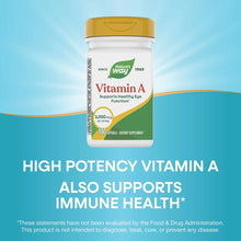 Nature's Way Vitamin A 3,000 mcg supplement bottle with gold cap and white label on blue background.