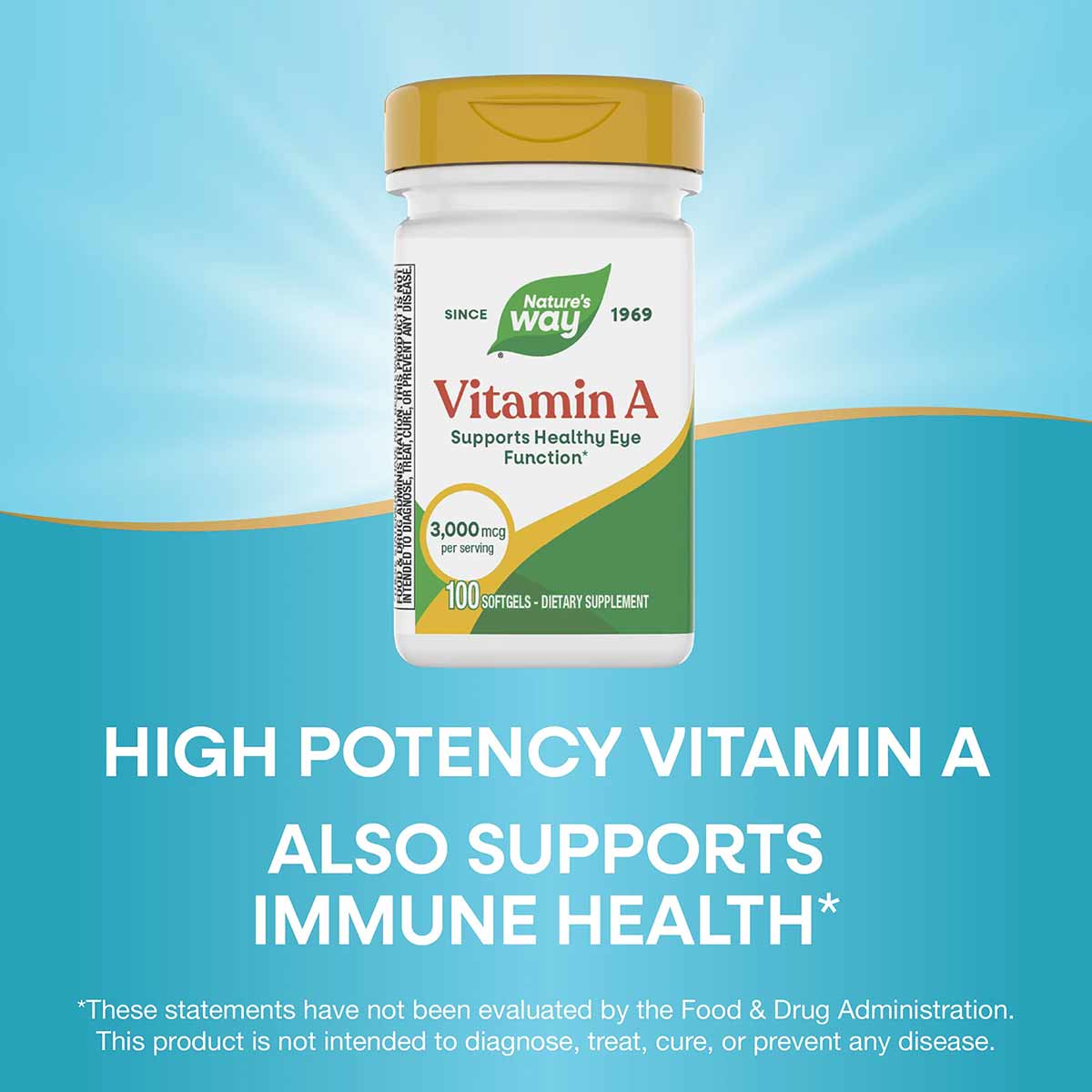 Nature's Way Vitamin A 3,000 mcg supplement bottle with gold cap and white label on blue background.
