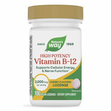 Nature's Way Vitamin B-12 2000 mcg cherry-flavored lozenge bottle with gold cap containing 100 vegan lozenges.