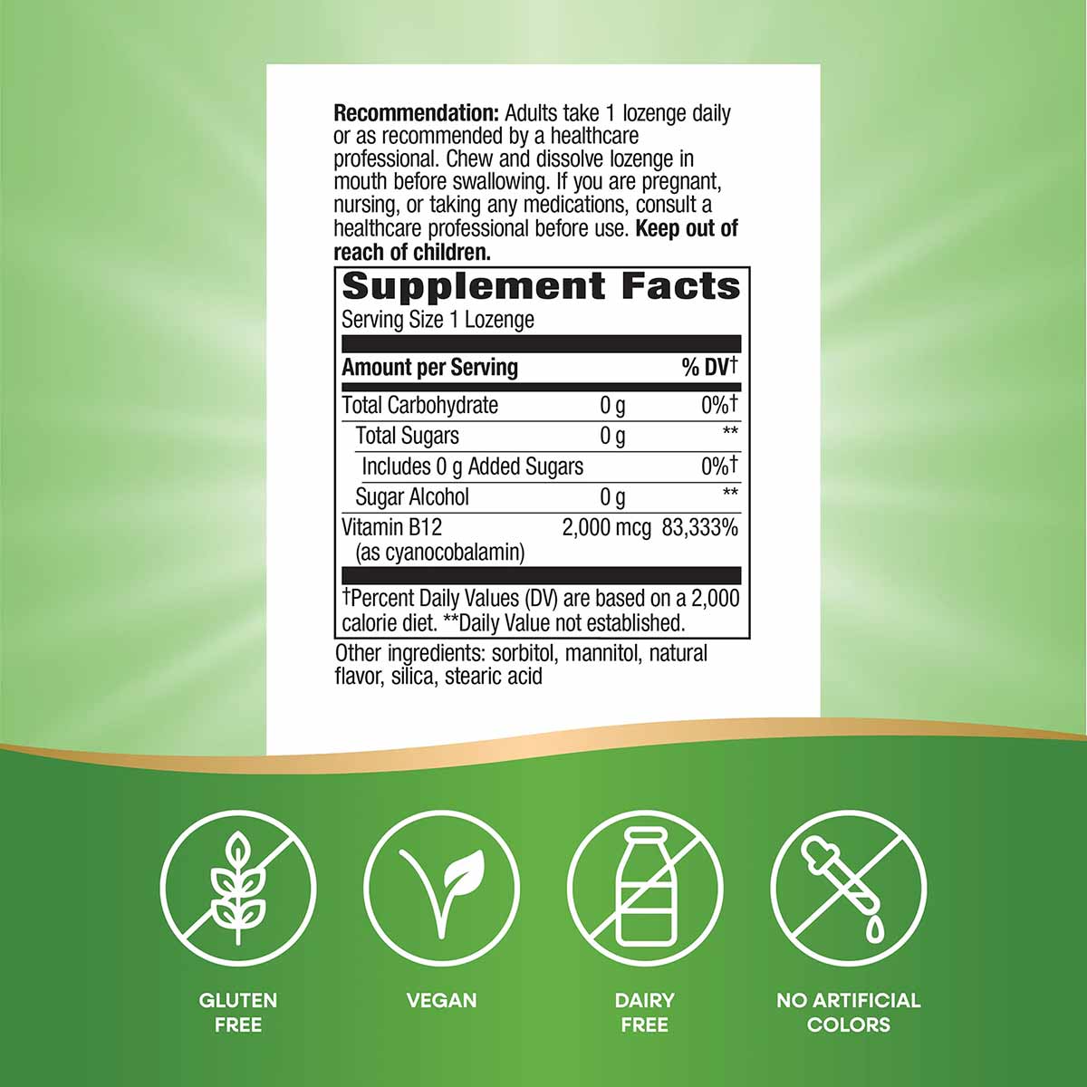 Vitamin B-12 2 mg supplement label showing nutrition facts, dosage instructions, and product certifications including gluten-