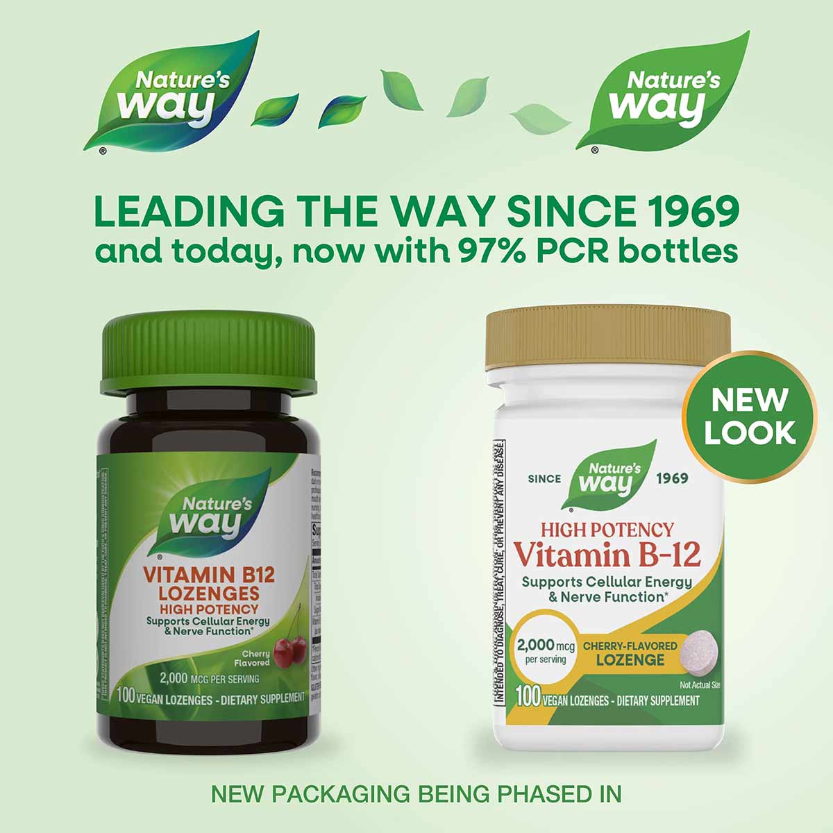Nature's Way Vitamin B-12 2000 mcg cherry-flavored lozenges in old and new packaging bottles.