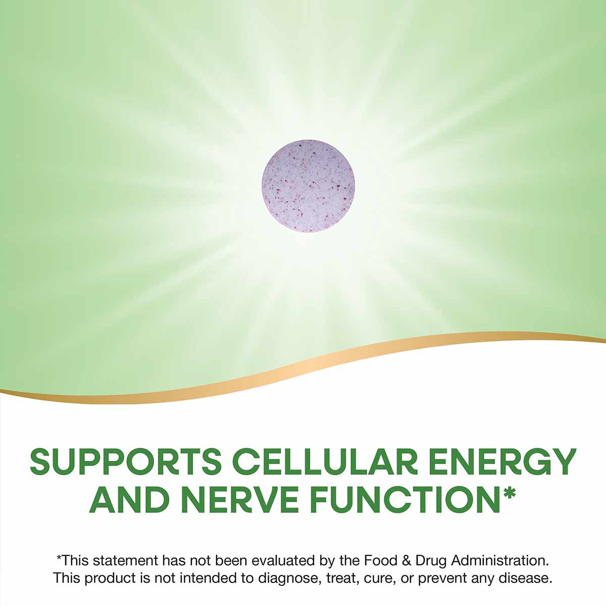 Purple speckled vitamin B-12 tablet on green and white background with curved gold line design.