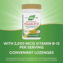 White plastic bottle with tan cap labeled Nature's Way Vitamin B-12 2,000 mcg cherry-flavored lozenges, 100 count.